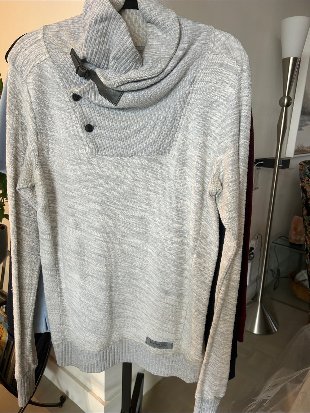 G-Star Raw Light Gray/Taupe Cowl/Shawl collar  Neck Sweater.Leather neck closure